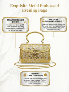 Sac à main de soirée de luxe de style vintage, pochette dorée en métal embossé pour mariage et fête, avec anse supérieure et bandoulière amovible en laiton - Product Image 2