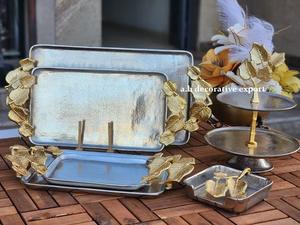 Luxury Leaf Design Silver Gold Aluminum Serving Tray Set Decorative Oval Napkin <b>Box</b> 2-Tier <b>Cupcake</b> Stand Customizable Size Home - Product Image 2