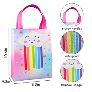 Sacs cadeaux jetables en tissu non tissé motif Nuage Arc-en-ciel, taille moyenne, avec logo sérigraphié, pour fêtes, multicolores, avec poignée Flexiloop, jaune et rose - Product Image 4