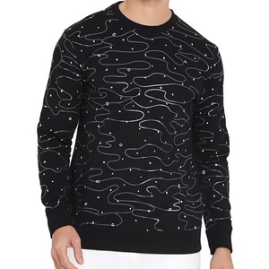 Men's <b>Black</b> Crew Neck Pullover <b>Sweatshirt</b> With White Abstract Print Regular Fit Knitted Cotton Casual Autumn Wear - Product Image 1