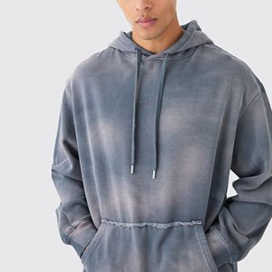 Custom <b>Men</b> Crop Vintage 400gms <b>Hoodie</b> Cotton Heavyweight Sun Faded Distressed Aged Baby <b>Blue</b> Acid Washed Zip up <b>Hoodie</b> With Rips - Product Image 1