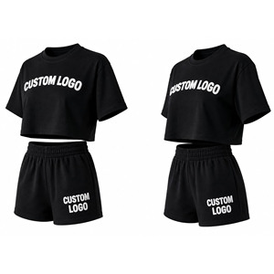 ชุดเซ็ตเสื้อครอปและกางเกงขาสั้น 2 ชิ้นสำหรับผู้หญิงพร้อมโลโก้แบบกำหนดเอง |   ชุดวอร์มสตรีทแวร์ลำลองขนาดใหญ่พิเศษ |   ชุดกีฬาฤดูร้อนปักลายตามสั่ง - Product Image 2