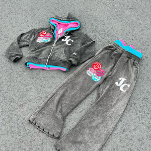 ชุดวอร์มวินเทจแบบกำหนดเอง ชุดเซ็ตเสื้อฮู้ดซิปสามชั้นแบบฟอกสีและกางเกงขายาว ชุดสองชิ้น แต่งลายปะแบบดิสเทรส ชุดวอร์มผู้ชาย - Product Image 3