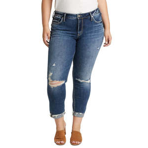 Jeans da Donna Trendy Co Co Silver Strappati Stile Boyfriend Blu Taglia 24W Vita Alta Boot Cut Vestibilità Skinny Denim Traspirante Elasticizzato - Product Image 1