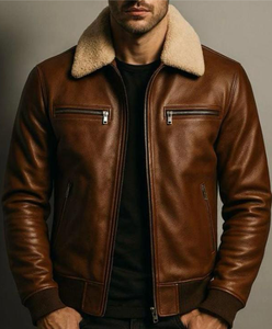 Veste en cuir véritable pour homme, col montant, décontractée, avec logo sur le devant, respirante et chauffante pour l'hiver - Product Image 1
