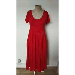 Women's Short-Sleeved Round Neck Front Slit Pocket <b>Viscose</b> Long <b>Dress</b>, 34096 - Red - Product Image 4