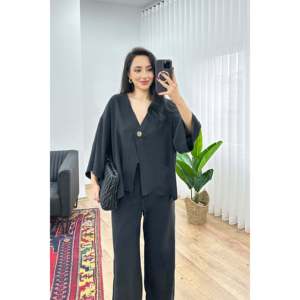 Conjunto de Dos Piezas LUSTRIN para Mujer, Blusa Cruzada Negra de Mezcla Modal y Pantalones Anchos de Cintura Alta con Cinturón para Primavera - Product Image 3