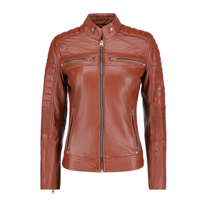 BIKER BOMBER แจ็คเก็ตหนังสีน้ำตาลสำหรับผู้หญิง, แจ็คเก็ตหนังแท้มีซิปปรับแต่งได้ - Product Image 4