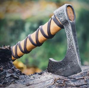 Carbon Steel Warrior Viking <b>Axe</b> Hand Forged Engraved Medieval Hatchet Bearded Camping <b>Axe</b> <b>Wood</b> Handle - Product Image 3