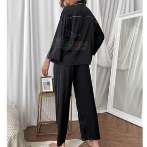 Ensemble de pyjama 2 pièces en soie/polyester décontracté pour femmes avec haut boutonné et pantalon long respirant et écologique - Product Image 5