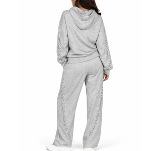 Ensemble de survêtement gris pour femme avec détails de manches en strass, coupe décontractée, molleton décontracté, vêtements de détente, fabrication - Product Image 2