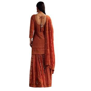 Orange Lucknowi Mirror Zardosi Kurta Palazzo Dupatta Set Venta al por mayor Mujeres Ropa étnica OEM Proveedor de fábrica Traje de fiesta personalizado - Product Image 5