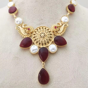 Stylish Premium Antique Golden Handmade <b>Mother</b> <b>of</b> <b>Pearl</b> Design Necklace Set Heavy Brass Made Customized Design - Product Image 1