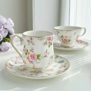 Luxury Porcelain Tea & Coffee Cup Saucer Set with Floral Design <b>Gold</b> <b>Trim</b> Microwave & Dishwasher Safe Customizable Colors & Logo - Product Image 3