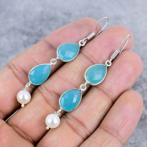 Pendientes colgantes de plata de ley 925 con perlas de Calcedonia Aqua, piedras preciosas con forma de pera a la moda para fiesta de boda, regalo para mujer - Product Image 3