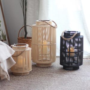 Lanterne à bougie en bambou tissé naturel noir vintage à l'intérieur et à l'extérieur décoratifs - Product Image 1