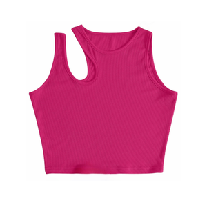 Débardeur respirant pour femme en tricot côtelé asymétrique col design ajusté sans manches avec découpes aux épaules longueur courte - Product Image 5