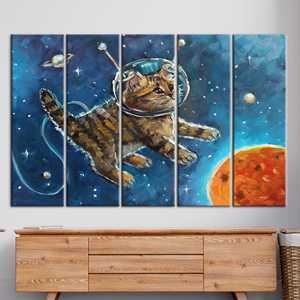 Tableau imprimé sur toile : Chat astronaute en aventure spatiale, 5P : Prêt à accrocher - Product Image 1