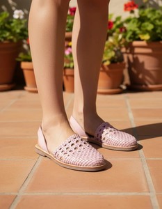 Sandalias Planas Tejidas Rosas para Mujer con Recortes, Punta Redonda, Parte Superior de Cuero, Transpirables, Diseño Sólido, Tendencia de Moda, Calzado Casual - Product Image 6
