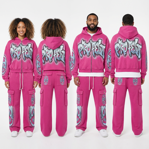 ชุดเซ็ตสองชิ้นแบบสั่งทำพิเศษ เสื้อฮู้ดพิมพ์ลายกราฟฟิตี้ พร้อมกางเกงคาร์โก้ขายาวทรงกว้าง ผ้าฟลีซเนื้อหนา - Product Image 4