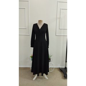 Women's Long-Sleeved Wrap-Neck Pleated Waist <b>Corset</b> Detail Long Shimmering Crepe Dress, 37323 - <b>Black</b> - Product Image 4