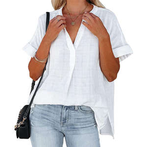 2025 <b>women</b> polyester v neck blouse breathable casual summer t <b>shirt</b> <b>loose</b> fit solid color woven style lightweight top wholesale - Product Image 1