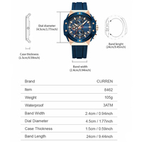 CURREN 8462 Montre Homme Chronographe à Quartz avec Bracelet en Silicone Aiguilles Lumineuses Cadran Multifonction Étanche Style Décontracté Sportif