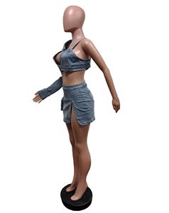 Novedad de verano, traje de pantalones cortos informales azul marino, conjuntos de 2 piezas, chaleco sin mangas para mujer, chaqueta, pantalones vaqueros de cintura alta, traje de moda - Product Image 3