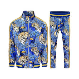 Conjunto Deportivo para Hombre con Chaqueta con Cremallera y Pantalones Deportivos Ajustables en la Cintura, para Ejercicio, Viajes, Relajación, Estampado Floral de Tigre, Azul Real - Product Image 1