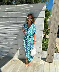 Vestido largo bohemio con correa para colgar en la cintura con lazo cruzado, estampado digital ecológico para vacaciones, nueva moda - Product Image 4