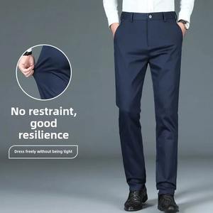 Pantalones largos informales para hombre, traje de negocios de pierna recta negra elástica de cuatro lados, Algodón ligero, cintura media plana para uso diario - Product Image 3