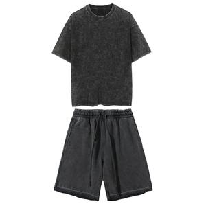 Conjunto de ropa de algodón lavado negro Vintage para hombre, camiseta de manga corta, camisetas, pantalones cortos de cintura elástica, trajes holgados informales de verano - Product Image 1