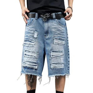Bermuda en denim déchiré pour hommes, short personnalisé bleu clair, design vieilli, tissu de haute qualité, détails élégants sur les poches, shorts pour hommes - Product Image 1