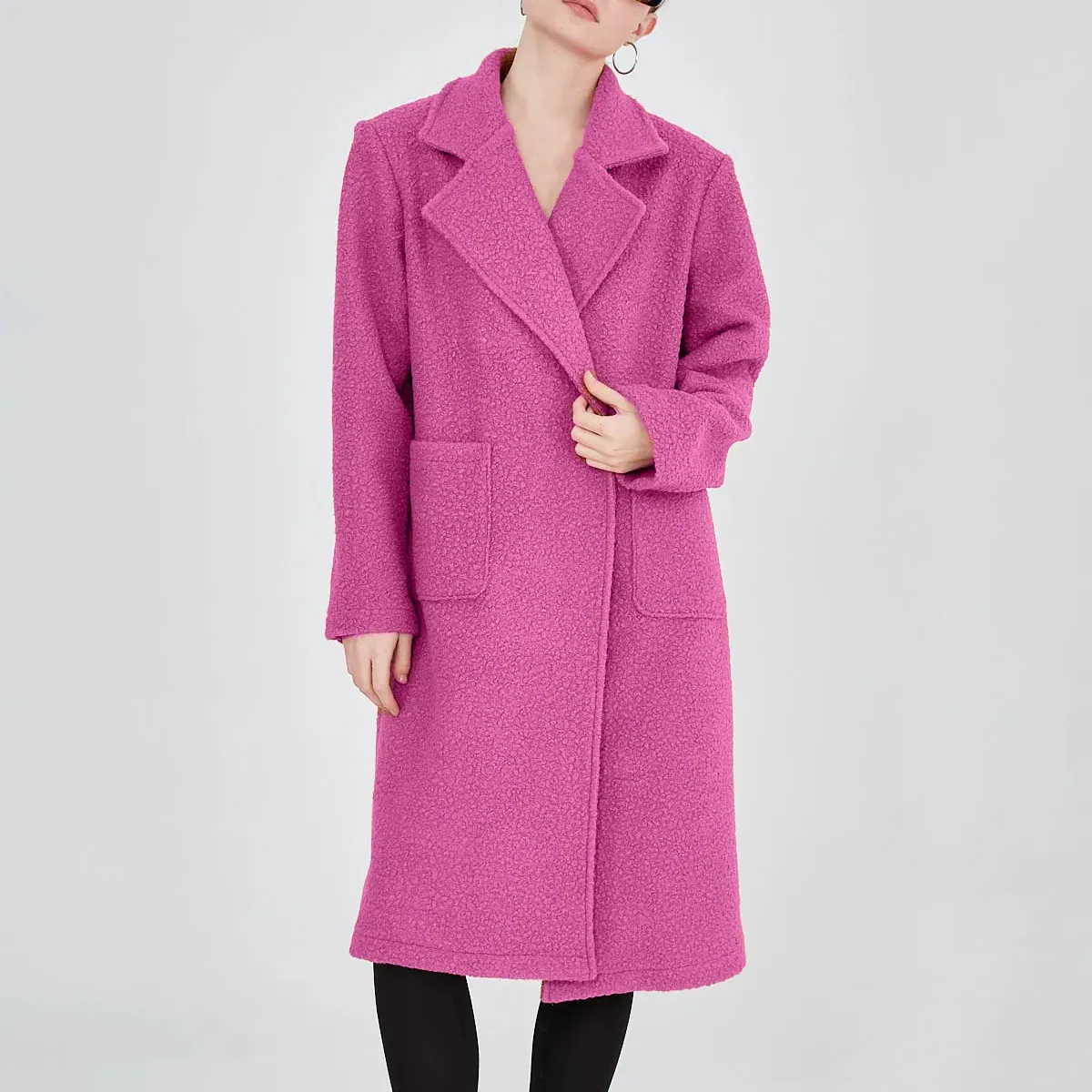 Pink Color long Fur wool Fabric Pink Color Fur long sleeve fur pocket detailed down coat