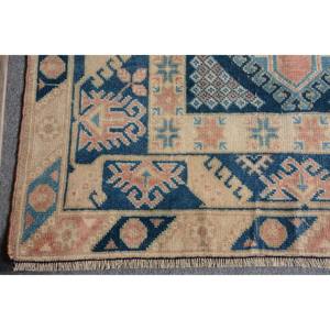 Tapis turc vintage 3.9 x 6.2ft bleu Beige Patchwork Design laine Latex technique de tissage plat pour les décorations de salon des adolescents - Product Image 5