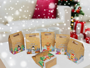Christmas <b>Square</b> Kraft Paper Gift Boxes with Self Erecting Design Die Cut Handles Recyclable Holiday Packaging for Gifts Crafts - Product Image 3