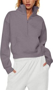 Sweat-shirt gris pour femme à demi-zip avec poches, col montant, manches longues, en polaire, coupe courte, design uni, idéal pour l'automne - Product Image 3