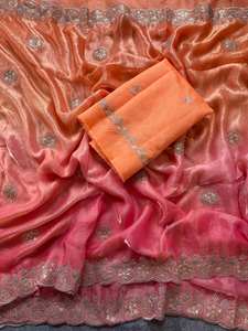 Sari de seda de gasa pura india de estilo Bollywood con hermosa secuencia de trabajo y pieza de blusa hermosa ropa de boda Sari - Product Image 3