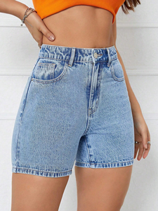 Shorts en jean brodés pour homme, bleu clair délavé, taille haute, longueur mi-cuisse, ourlet droit, en mélange de coton extensible, motif camouflage - Product Image 6