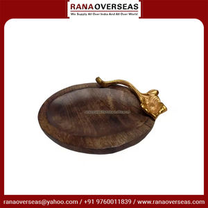 Producto más vendido Bandeja hecha a mano de madera en forma ovalada con mango de aluminio y metal para café y té a buen precio - Product Image 3