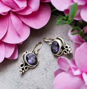 Boucles d'oreilles pendantes en améthyste, argent sterling fait à la main, pierre de naissance de février, bijoux élégants, cadeau pour femmes, design bohème - Product Image 3