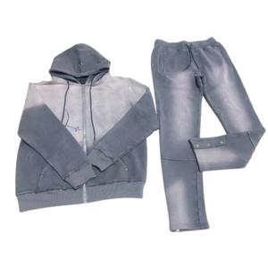 Ensemble survêtement gris délavé à l'acide avec fermeture éclair pour homme, veste en molleton vintage, pantalon de survêtement, tenue décontractée streetwear d'hiver - Product Image 1