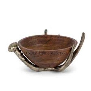 Élégant bol à fruits en bois fabriqué à la main et support en métal doré naturel fini parfait pour présenter des fruits frais dans votre cuisine - Product Image 4