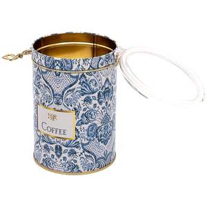 Caja de almacenamiento de metal redonda de 1,1 L con patrón decorativo azul y blanco inspirado en Azulejo Ø 105x150mm Cierre de alambre y tapa transparente - Product Image 1