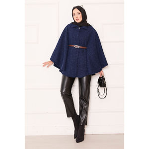 Poncho Azul Marino de un Solo Botón con Tela Tejida y Cinturón para la Temporada de Invierno - Product Image 1