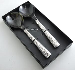ชุดช้อนส้อมฮอร์นเครื่องครัวโลหะ2ชิ้นชุดมีดสลัดพร้อมที่จับกระดูก - Product Image 6