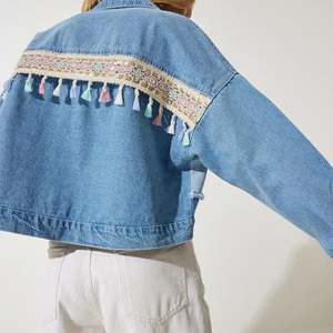 Veste universitaire en denim chaud pour femmes Lupin, vente en gros, hiver, broderie tribale, perles, vêtements d'extérieur déchirés, dentelle, décontractée, ample, bleu - Product Image 5