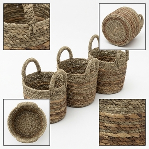 Natural Seagrass Banana Bark Basket Set Two Tone Cylinder Arch Handle <b>Planter</b> Pot Organizer Setup Pure Art Room Decor Design - Product Image 3