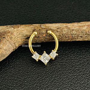 14K Solid <b>Gold</b> Moissanite Princess Cut Diamond Trio Stone Luxury Septum Clicker Fine Jewelry Gift - Product Image 4
