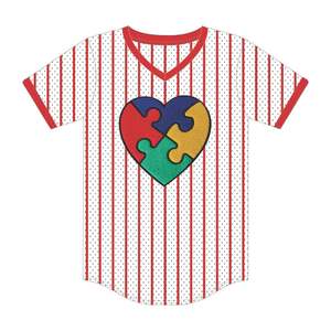 <b>Autism</b> Awareness Heart Puzzle Chenille Embroidery White Pinstripe Baseball Jersey <b>T</b> <b>Shirt</b> Unisex 100 Polyester Mesh Clothing - Product Image 2